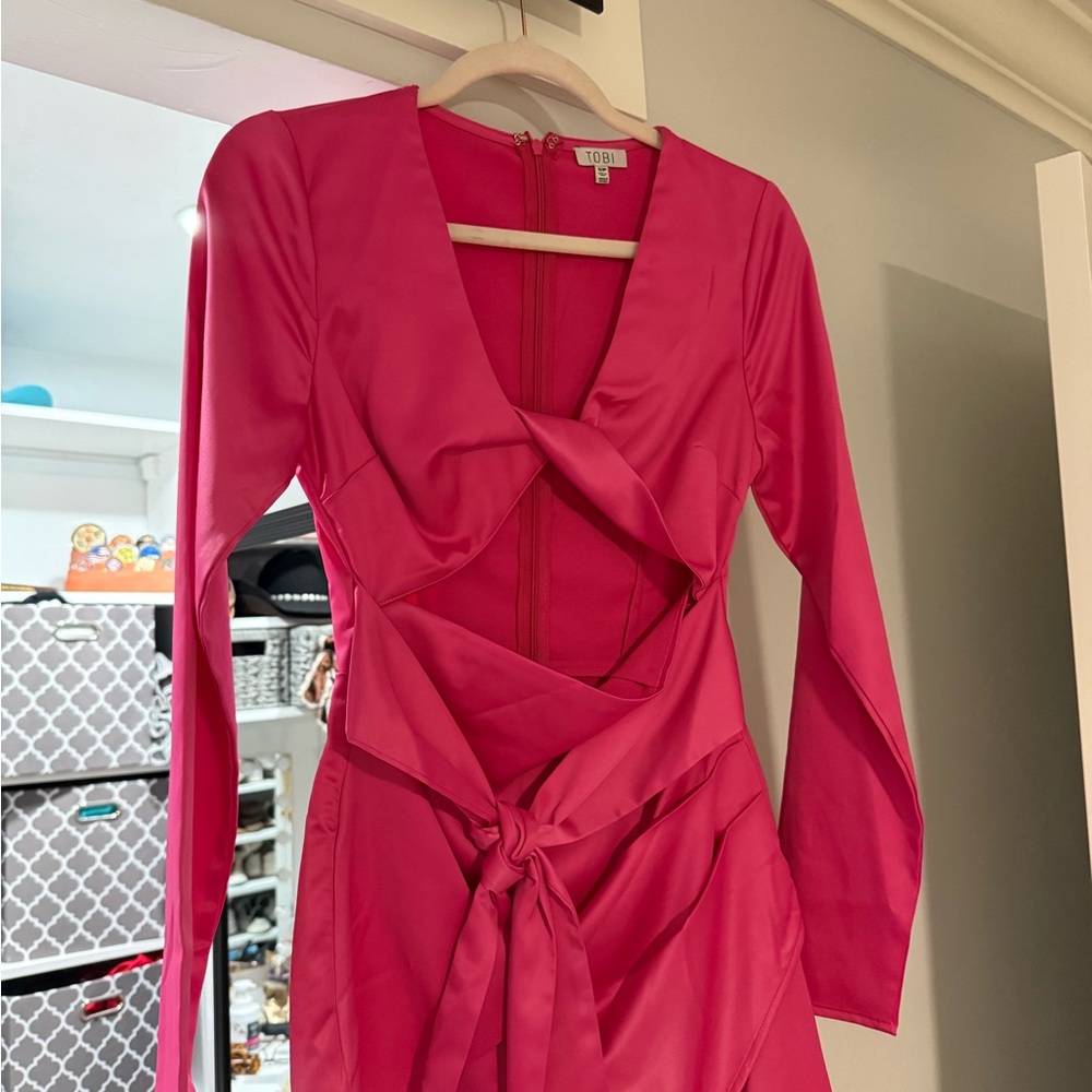 Tobi Hot Pink Long-Sleeve Satin Cutout Tie-Waist Dress